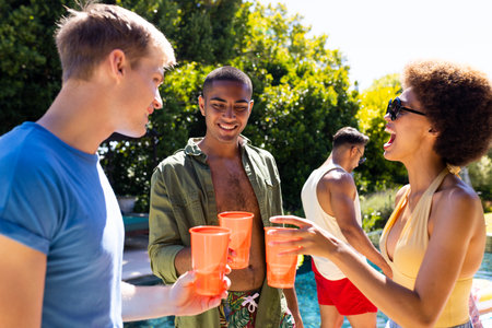 Happy diverse group of friends having pool party, making a toast in garden. Lifestyle, friendship,...