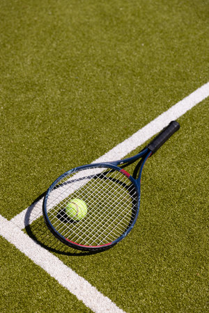 Tennis ball and tennis racket lying on sunny outdoor grass tennis court, with copy space. Summer, healthy lifestyle, sport and hobbies.の写真素材