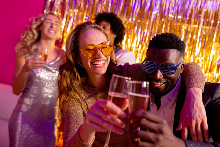 Happy diverse couple dancing and toasting with champagne at a nightclub. Fun, drinking, going out, inclusivity and party concept.の写真素材