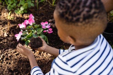 High angle view of african american boy planting fresh pink flowers in dirt at backyard. Unaltered, lifestyle, gardening, nature and childhood concept.の写真素材