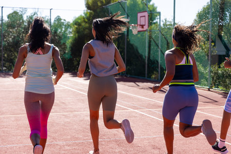 Diverse group of women wearing sports clothes and running at basketball court. Sport, activity,...
