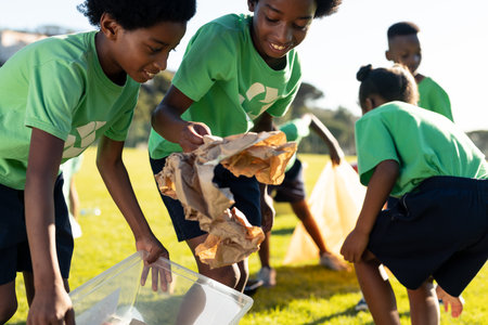 Happy diverse children collecting plastic waste in sunny elementary school sports field. School, ecology, recycling, childhood, learning and education, unaltered.の写真素材