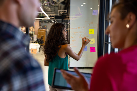 Diverse male and female colleagues brainstorming using tablet and making notes on glass wall. Casual...