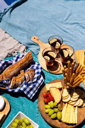 Close up of blue blankets with food on cutting boards. Picnic, free time, drink and food, unaltered.の写真素材