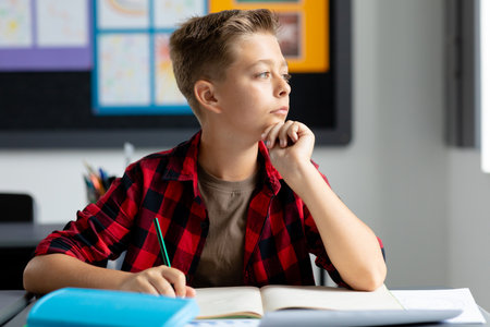 Caucasian schoolboy sitting at desk in classroom looking away, listening in class. Education, childhood, elementary school and learning concept.の写真素材