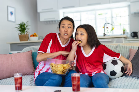 Asian mother and daughter in football shirts watching soccer game, supporting and eating crisps. Spending quality time at home, lifestyle and family concept.の写真素材