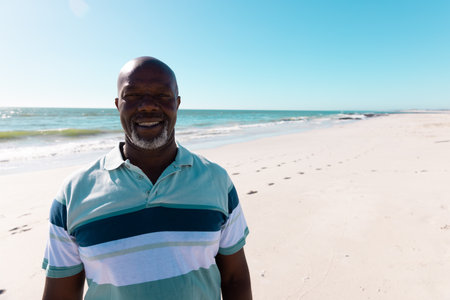 Happy african american bald senior man spending vacation on sandy beach against clear sky in summer. Copy space, smiling, sea, unaltered, lifestyle, retirement, enjoyment and nature concept.の写真素材