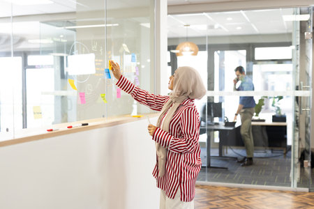 Middle-east woman in hijab in office brainstorming with sticky notes . Business, corporation, working in office concept.の写真素材