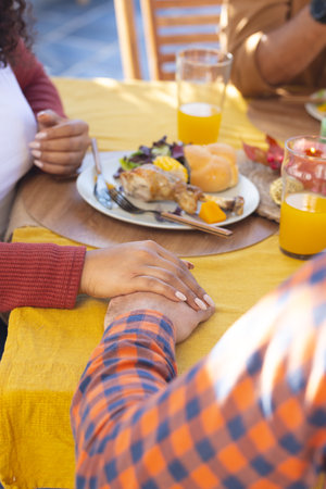 Two hands of diverse male and female friends during celebration meal in sunny garden. Celebration, friendship, patriotism, american culture and tradition.の写真素材