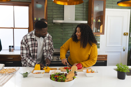 Happy diverse male and female friends preparing meal in kitchen. Cooking, food, lifestyle, friendship and domestic life, unaltered.の写真素材