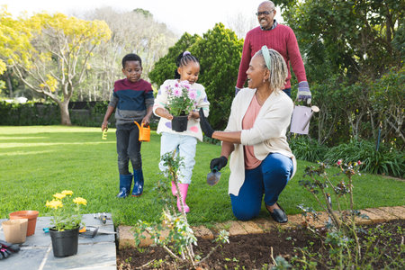 Happy african american grandparents and grandchildren planting plants in sunny garden. Family, togetherness, nature, gardening and lifestyle, unaltered.の写真素材