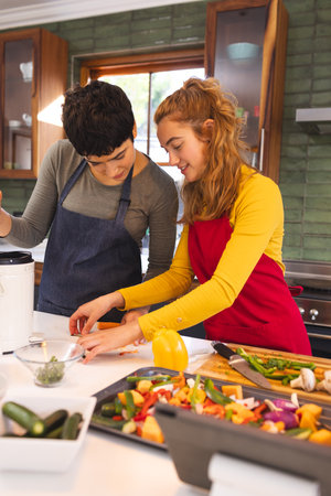 Happy biracial lesbian couple with tablet cooking vegetables in kitchen, copy space. Communication, cooking, food, gay, relationship, togetherness, domestic life and healthy lifestyle, unaltered.の写真素材