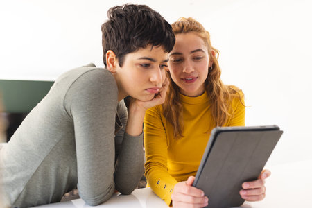 Focused biracial lesbian couple using tablet, leaning on countertop in sunny kitchen. Communication, gay, relationship, togetherness, domestic life and lifestyle, unaltered.の写真素材