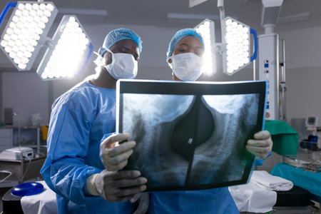 African american male and female doctors with face masks looking at x-rays in operating room. Medicine, healthcare and medical services, unaltered.の写真素材