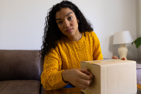 Biracial woman in yellow sweater opening package at home. Lifestyle, free time and domestic life, unaltered.の写真素材