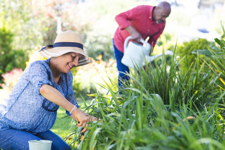 Diverse senior couple gardening in sunny garden. Lifestyle, retirement, senior lifestyle, nature, gardening, togetherness and domestic life, unaltered.の写真素材