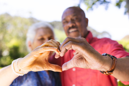 Hands of happy diverse senior couple showing shape of heart in sunny garden. Lifestyle, retirement, senior lifestyle, nature, togetherness and domestic life, unaltered.の写真素材