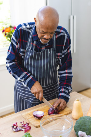 African american senior man in apron chopping onions in kitchen. Lifestyle, retirement, senior lifestyle, food, cooking and domestic life, unaltered.の写真素材