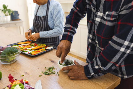 Midsection of diverse senior couple preparing healthy meal with vegetables in kitchen. Lifestyle, retirement, senior lifestyle, food, cooking, togetherness and domestic life, unaltered.の写真素材