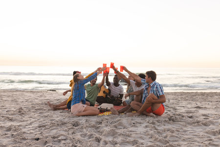 Diverse group of friends toast on a beach at sunset, having a party. They celebrate a special occasion with the ocean as a backdrop.の写真素材
