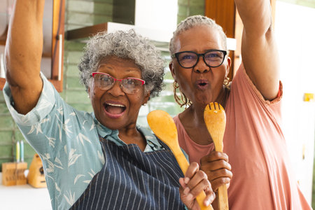Senior African American woman and senior biracial woman celebrate with kitchen utensils. Both wear glasses and exude joy in a home kitchen setting.の写真素材