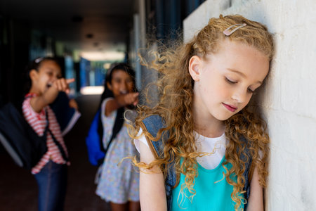 In school, Caucasian girl leaning against a wall while two biracial girls whisper and engage in bullying. All wearing casual clothes, Caucasian girl has curly blonde hair and blue eyes, unaltered.の写真素材