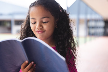 In school, young biracial girl wearing a pink shirt is reading a book outdoors. She has curly dark hair, a focused expression, and is standing outdoors.の写真素材