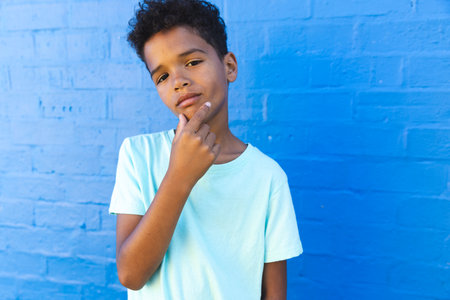 In a school setting, a young African American student poses thoughtfully. He has short curly hair,...