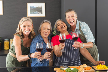 Diverse group of mature women enjoying wine and preparing food together in kitchen. retirement, friendship, senior living, happiness, unaltered.の写真素材