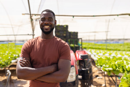 Smiling farmer standing with arms crossed in hydroponic vegetable greenhouse. Agriculture, farming, vegetables, hydroponics, organic, unalteredの写真素材