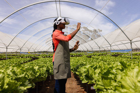 Farmer using VR headset for managing hydroponic vegetable garden in greenhouse. Agriculture,...