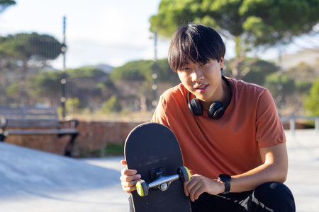 Teenage boy with skateboard and headphones relaxing at skatepark, enjoying leisure time. Skateboarding, youth, lifestyle, relaxation, unalteredの写真素材