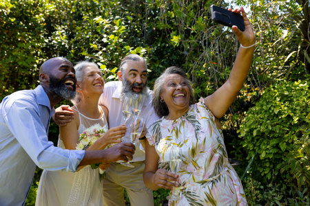 Celebrating with champagne, diverse group of senior friends taking selfie outdoors. Celebration, seniors, unalteredの写真素材