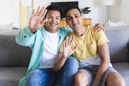 Diverse gay couple sitting on a couch at home during a video call, with copy space. They're sharing...