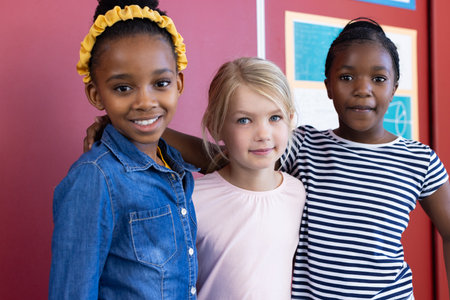 Standing together and smiling, multiracial schoolgirls posing for photo in classroom. friendship,...