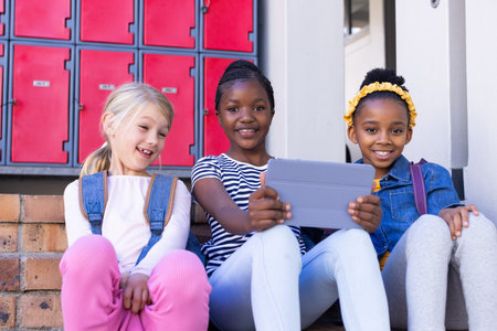 In school, Using tablet, three multiracial girls sitting on steps in front of lockers. education, technology, students, friendship, digital learning, childhoodの写真素材