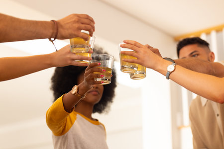 Toasting with drinks, diverse friends celebrating together in casual setting. Celebration,...