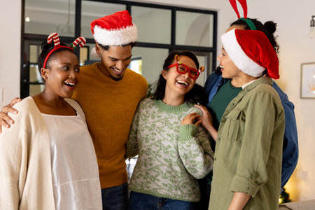 Wearing festive hats, multiracial friends laughing together at home during Christmas celebration. holiday, party, joyful, smilingの写真素材