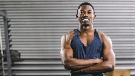 Confident man in gym crossing arms, wearing blue tank top, smiling, copy space. Fitness, confidence,...
