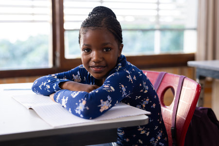 In school, african american girl sitting at desk with open notebook, smiling at camera. Education, learning, childhood, classroom, studying, back to schoolの写真素材