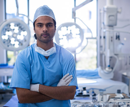 Asian male surgeon crossing arms in operating room, with surgical lights and monitors. Healthcare, hospital, clinical, sterile, professionalism, focus, readinessの写真素材