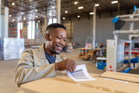 African American man peeling barcode label at warehouse packing station, with packaging machinery....