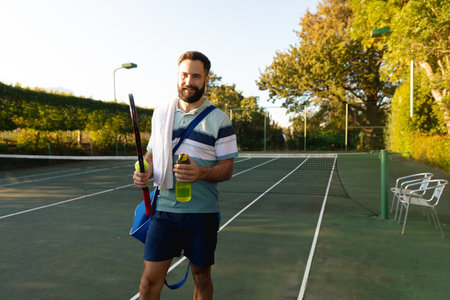 Man walking on outdoor tennis court, carrying racket, holding green water bottle and sports bag....