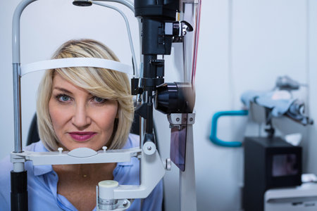 Optometrist examining female patient on slit lamp in ophthalmology clinic