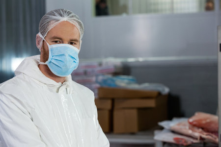 Standing man wearing protective suit and mask in processing plant, with meat, boxes, copy space....