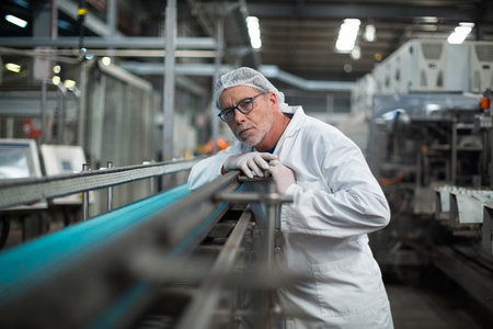 Factory engineer monitoring production line in drinks production plant