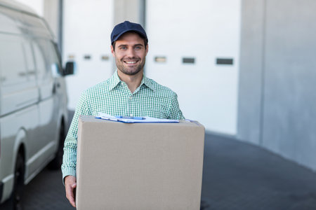 Portrait of delivery man carrying cardboard box outside the warehouseの写真素材