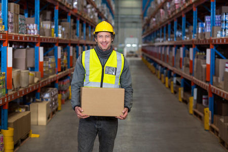 Workers looking at camera while holding box in warehouse