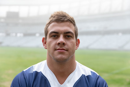 Standing athletic male wearing blue white sports jersey on pitch at stadium, with empty seating....