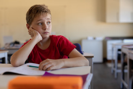 Gazing child resting cheek on hand at classroom desk, with notebook and pencil, copy space. Student, education, learning, classroom, concentration, study, schoolの写真素材